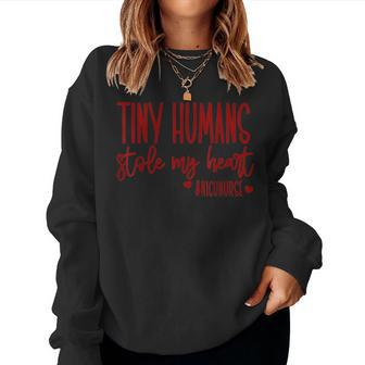Tiny Humans Stole My Heart Valentines Day Nicu Nurse Women Crewneck Graphic Sweatshirt - Seseable