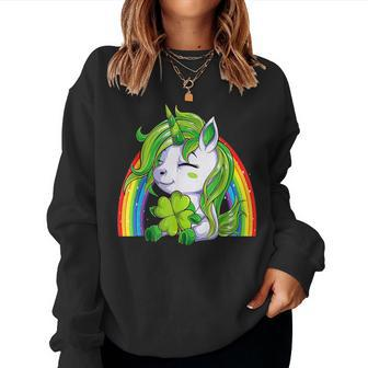Unicorn Happy St Patricks Day Irish Rainbow Shamrock Kids Women Crewneck Graphic Sweatshirt - Seseable