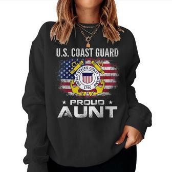 US Coast Guard Proud Aunt With American Flag Gift Veteran Women Crewneck Graphic Sweatshirt - Seseable