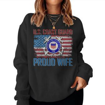 US Coast Guard Proud Wife With American Flag Gift Veteran Women Crewneck Graphic Sweatshirt - Seseable