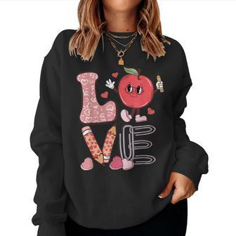 Valentine Teacher Love Retro Groovy Valentines Day Teachers Women Crewneck Graphic Sweatshirt - Seseable