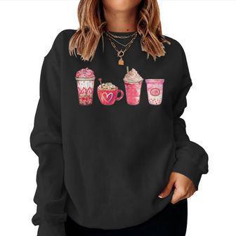Valentines Drinking Coffee Love Heart Graphic Valentines Day Women Crewneck Graphic Sweatshirt - Seseable