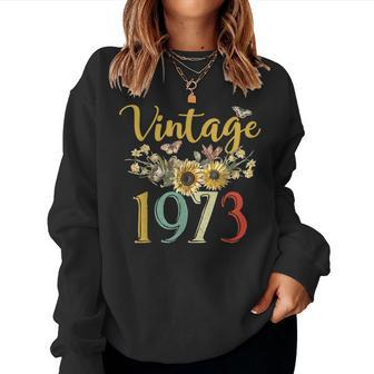 Vintage 1973 Sunflower 50Th Birthday Awesome Since 1973 Women Crewneck Graphic Sweatshirt - Seseable