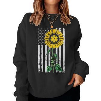 Vintage American Flag Emt Sunflower Hippie Emt Nurse Gifts Women Crewneck Graphic Sweatshirt - Seseable