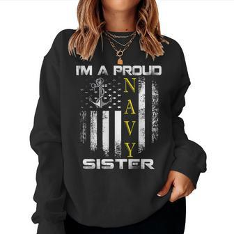 Vintage Im A Proud Navy Sister With American Flag Gift Women Crewneck Graphic Sweatshirt - Seseable