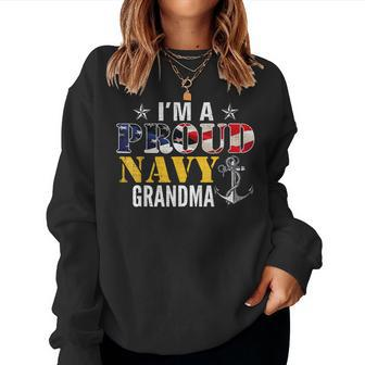 Vintage Im A Proud Navy With American Flag For Grandma Women Crewneck Graphic Sweatshirt - Seseable