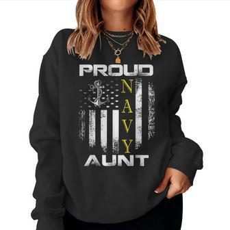 Vintage Proud Navy Aunt With American Flag Gift Women Crewneck Graphic Sweatshirt - Seseable