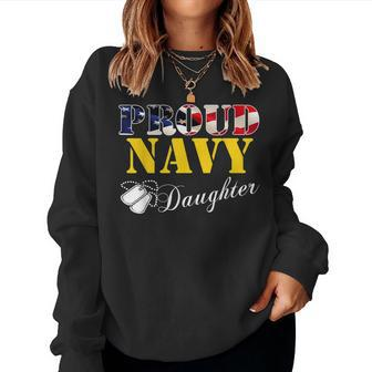 Vintage Proud Navy Daughter With American Flag Gift Veteran Women Crewneck Graphic Sweatshirt - Seseable