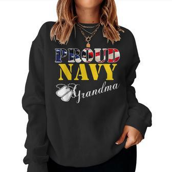 Vintage Proud Navy Grandma With American Flag Gift Veteran Women Crewneck Graphic Sweatshirt - Seseable