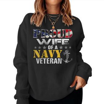 Vintage Proud Wife Of A Navy For Veteran Gift Women Crewneck Graphic Sweatshirt - Seseable