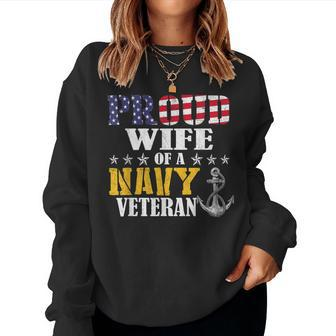 Vintage Proud Wife Of A Navy For Veteran Gifts Women Crewneck Graphic Sweatshirt - Seseable