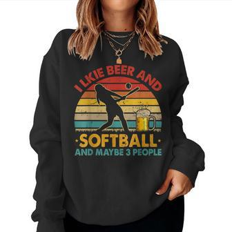 Vintage Retro I Like Beer And Softball And Maybe 3 People Women Crewneck Graphic Sweatshirt - Seseable