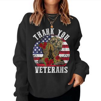 Vintage Thank You Veterans Combat Boots Flower Veterans Day Women Crewneck Graphic Sweatshirt - Seseable