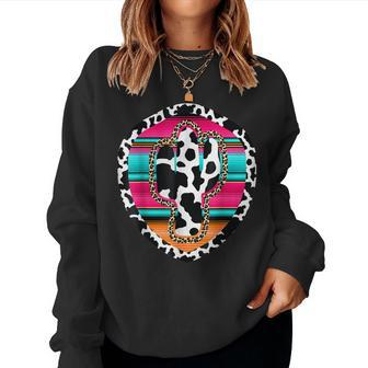 Vintage Western Cow Cactus Leopard Cheetha Serape Turquoise Women Sweatshirt | Mazezy