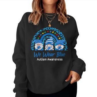 We Wear Blue For Autism Awareness Rainbow Leopard Gnome Women Crewneck Graphic Sweatshirt - Seseable