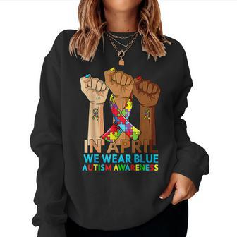 We Wear Blue Autism Mom Ribbon Autism Awareness Month Women Sweatshirt | Mazezy