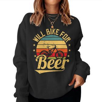 Will Bike For Beer Funny Bike Lovers Biking Vintage Women Crewneck Graphic Sweatshirt - Seseable