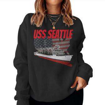 Womens American Military Ship Uss Seattle Aoe-3 Veteran Father Son Women Crewneck Graphic Sweatshirt - Seseable