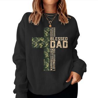 Womens Christian Blessed Dad Camo Flag Cross Religious Fathers Day Women Crewneck Graphic Sweatshirt - Thegiftio UK