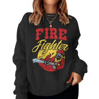Womens Fire Fighter With Water Hose Fighting The Fire Gift Women Crewneck Graphic Sweatshirt - Seseable