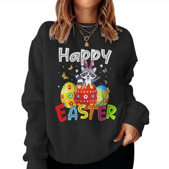 Womens Happy Easter Cute Bunny Rabiit Raccoon Funny Eggs Hunt Kids Women Crewneck Graphic Sweatshirt - Seseable