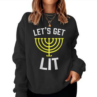 Womens Lets Get Lit Jewish - Humor Funny Gift Hanukkah Women Crewneck Graphic Sweatshirt - Seseable