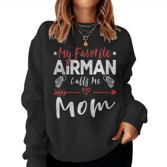 Womens My Favorite Airman Calls Me Mom Air Force Soldier Mom Women Crewneck Graphic Sweatshirt - Seseable