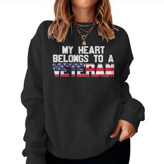 Womens My Heart Belongs To A Veteran Awesome Veteran Day Design Women Crewneck Graphic Sweatshirt - Seseable