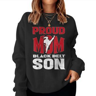 Womens Proud Mom Black Belt Son Karate Mom Funny Mothers Women Crewneck Graphic Sweatshirt - Thegiftio UK