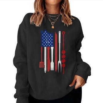 Womens Us Flag Bbq Barbecue Grilling Fathers Day Memorial Day Women Crewneck Graphic Sweatshirt - Thegiftio UK