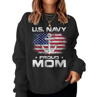 Womens US Navy Proud Mom With American Flag Gift Veteran Day Women Crewneck Graphic Sweatshirt - Seseable