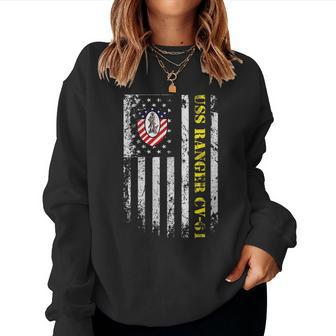 Womens Uss Ranger Cv-61 Flag Veteran Patriotic Veterans Day Women Crewneck Graphic Sweatshirt - Seseable