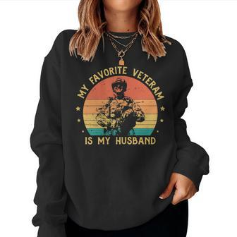 Womens Veteran Wife My Favorite Veteran Is My Husband Veterans Day Women Crewneck Graphic Sweatshirt - Seseable