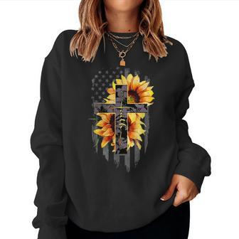 Womens Vintage Faith Cross Sunflower Usa Flag Faith Women Crewneck Graphic Sweatshirt - Seseable