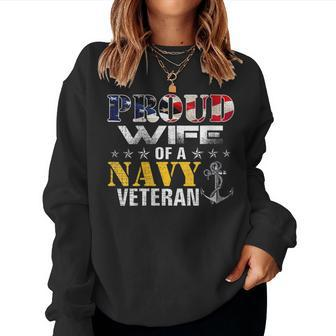 Womens Vintage Proud Wife Of A Navy For Veteran Gift Women Crewneck Graphic Sweatshirt - Seseable
