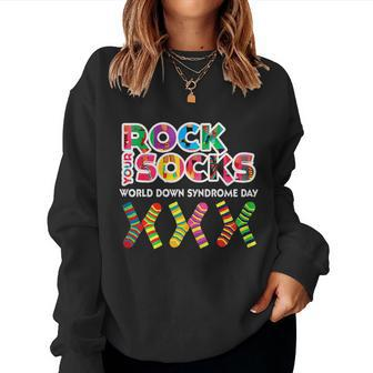 Womens World Down Syndrome Day Rock Your Socks Awareness Women Crewneck Graphic Sweatshirt - Seseable