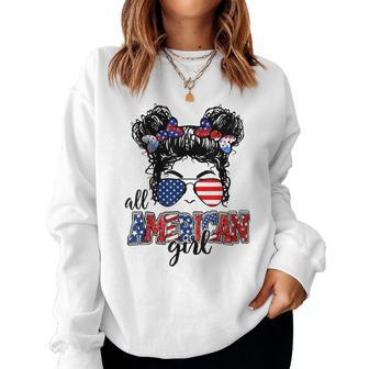 All American Girl Messy Bun Patriotic 4Th Of July Men Women Women Crewneck Graphic Sweatshirt - Thegiftio UK