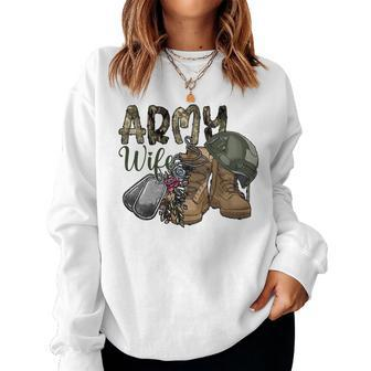 Army Wife Western Cowhide Army Boots Wife Gift Veterans Day Women Crewneck Graphic Sweatshirt - Seseable