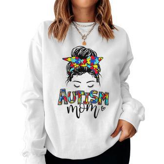 Autism Mom Awareness Messy Hair Bun Puzzle Piece Mother Girl Women Crewneck Graphic Sweatshirt - Seseable