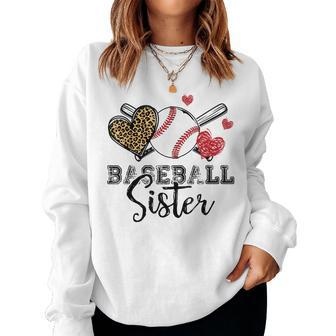Baseball Sister Leopard Heart Funny Mothers Day Girls Womens Women Crewneck Graphic Sweatshirt - Seseable