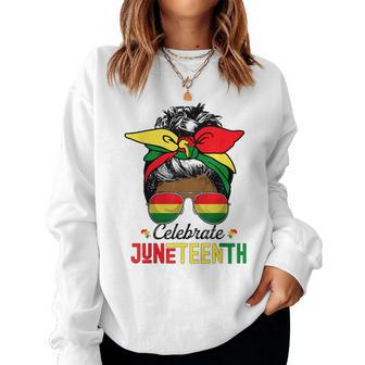 Black Women Messy Bun Junenth Celebrate Independence Day Women Crewneck Graphic Sweatshirt - Thegiftio UK