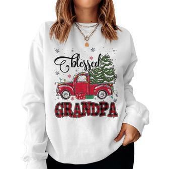 Blessed Grandpa Plaid Red Truck Tree Lights Christmas Pajama Women Sweatshirt | Mazezy