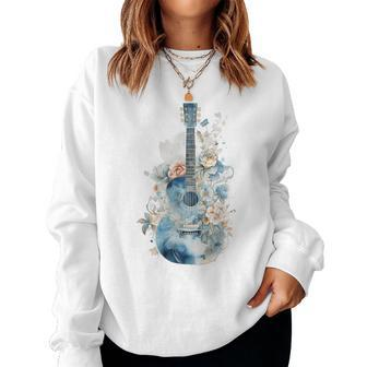 Blue Guitar With A Watercolor Pastel Floral Music Graphic Women Sweatshirt | Mazezy