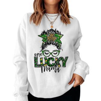 Cute Messy Bun Leopard Plaid St Patricks Day One Lucky Mama Women Crewneck Graphic Sweatshirt - Thegiftio UK