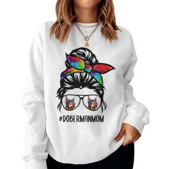 Doberman Dog Mom Messy Bun Hair Glasses Dobie Mom Messy Bun Women Crewneck Graphic Sweatshirt - Thegiftio UK