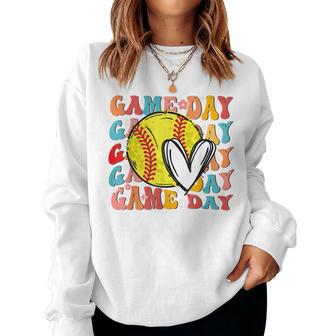 Groovy Softball Game Day Team Sports Softball Mom Game Day Women Sweatshirt | Mazezy