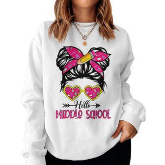 Hello Middle School Back To School Messy Bun Kids Teacher Women Sweatshirt | Mazezy