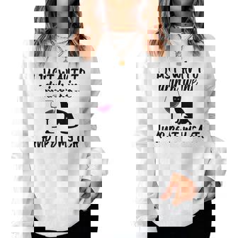 I Just Want To Drink Wine And Pet My Cat Funny Cats Lovers Women Crewneck Graphic Sweatshirt - Seseable