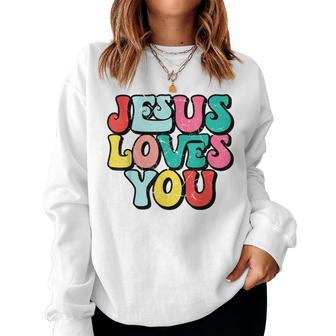 Jesus Loves You Retro Vintage Style Groovy Style Womens Women Crewneck Graphic Sweatshirt - Seseable