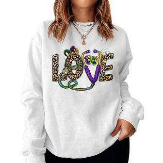 Leopard Love Nurse Life Scrub Nurse Mardi Gras Women Rn Icu V3 Women Crewneck Graphic Sweatshirt - Seseable